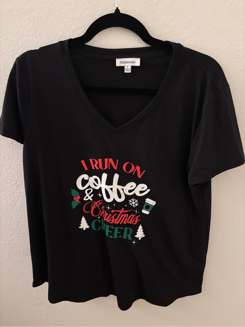 Freshman Black V-Neck Tee with Holiday Coffee Graphic